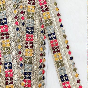 Gold Sequin Border With Multicoloured Floral Embroidery, Beige Shimmer Lace Trim, Decorative Trim